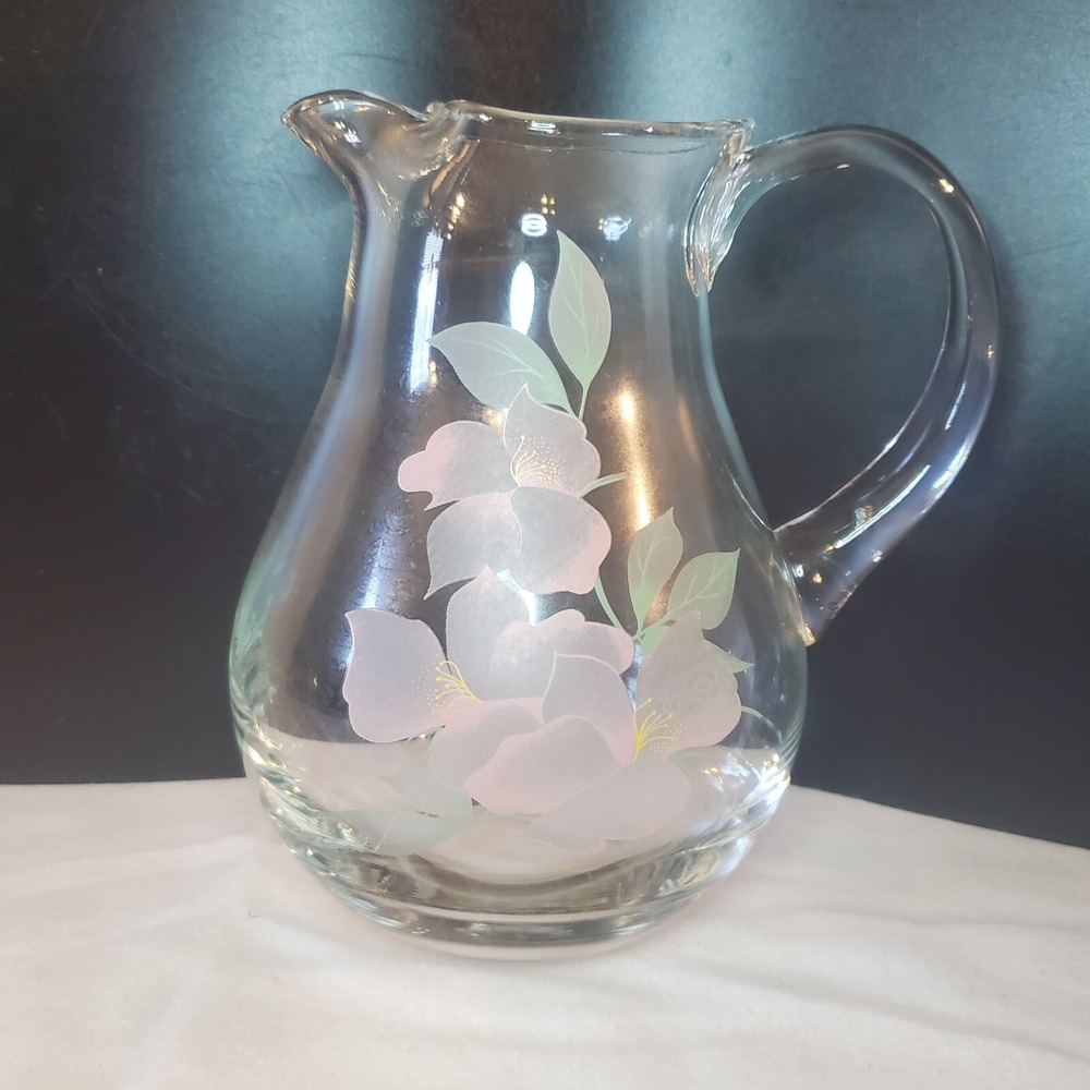 Hand Painted Pasabahce Turkish Glass Water Milk Pitcher Deco Floral Cottage Core
